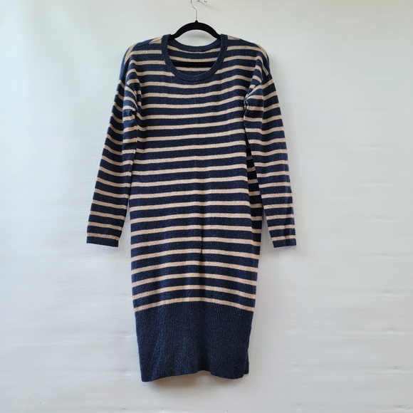 Joie Wool Cashmere Crewneck Striped Sweater Dress Size Medium Navy Blue Beige - Picture 1 of 15